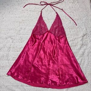 Frederick's of Hollywood 1X Vintage Y2K Hot Pink Satin Lace Halter Babydoll